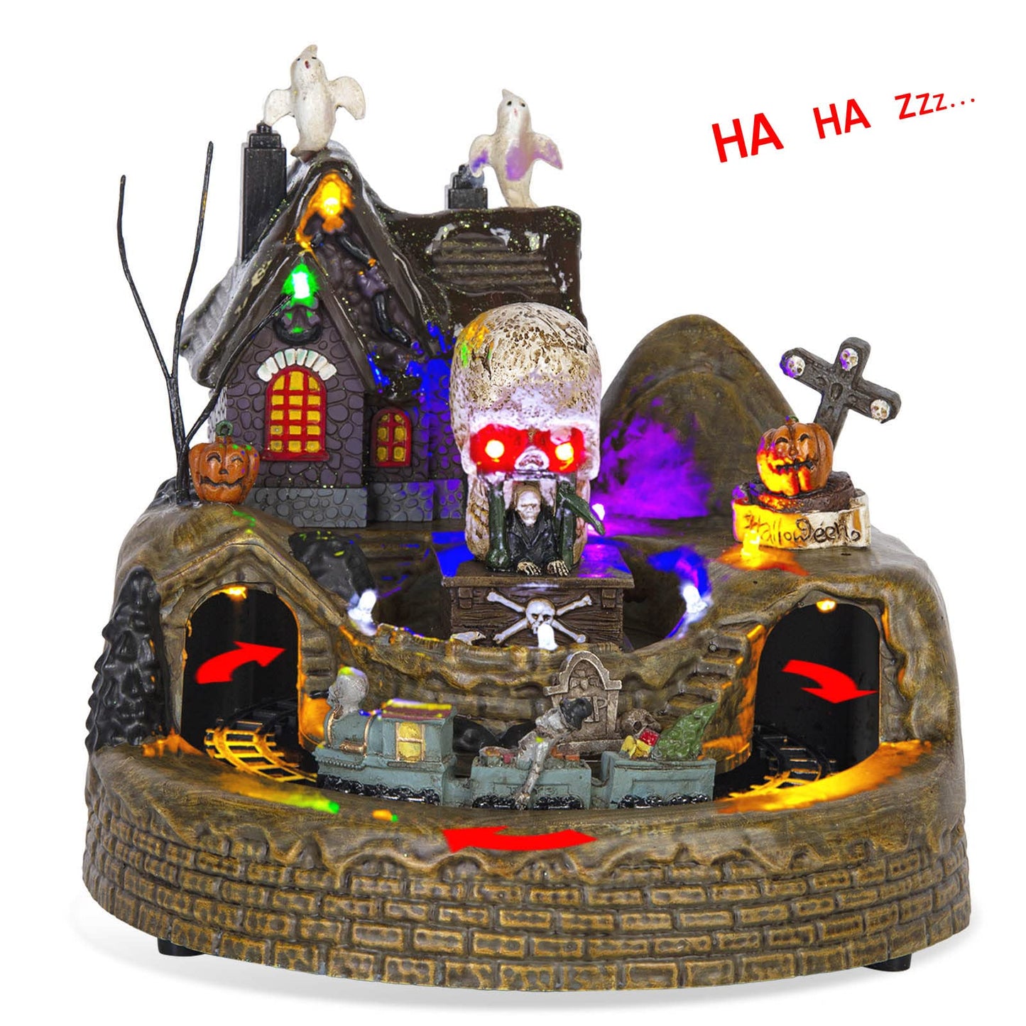 innodept12 Animated Halloween Train Village Set with Ghosts, Skeletons, Spooky House, LED Lights, 7.67 Inches, Multicolor