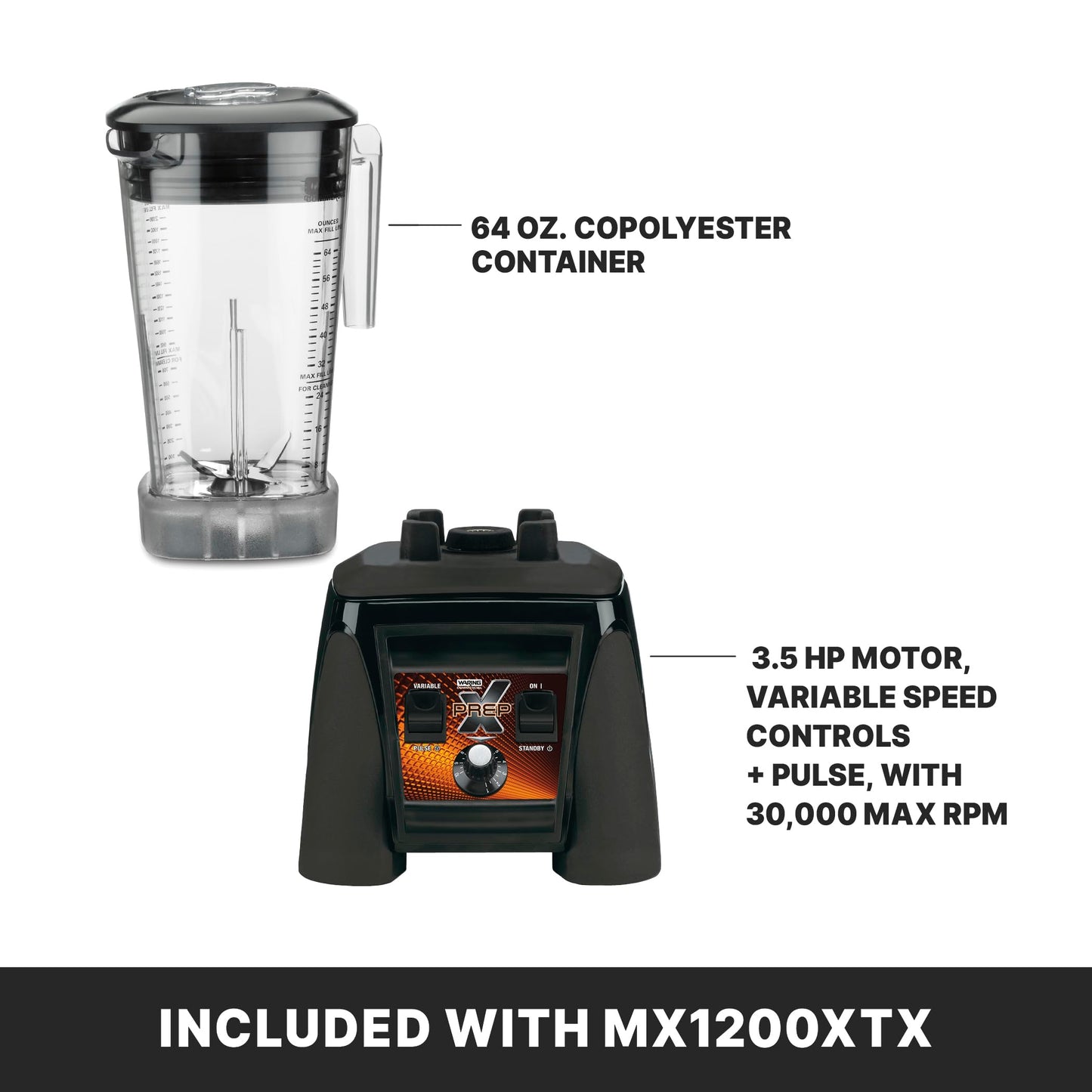 Waring Commercial MX1200XTX 3.5 HP Blender with Variable Speed Dial Controls and a 64 oz. BPA Free Copolyester Container, 120V, 5-15 Phase Plug