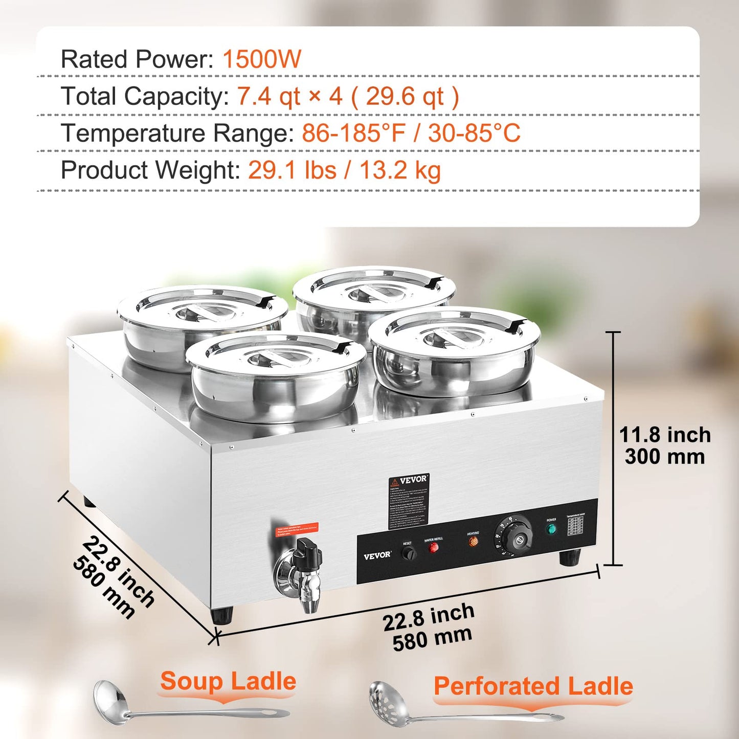 VEVOR Electric Soup Warmer, Four 7.4QT Stainless Steel Round Pot 86~185°F Adjustable Temp, 1500W Commercial Bain Marie with Anti-Dry Burn and Reset Button, Soup Station for Restaurant, Buffet, Silver