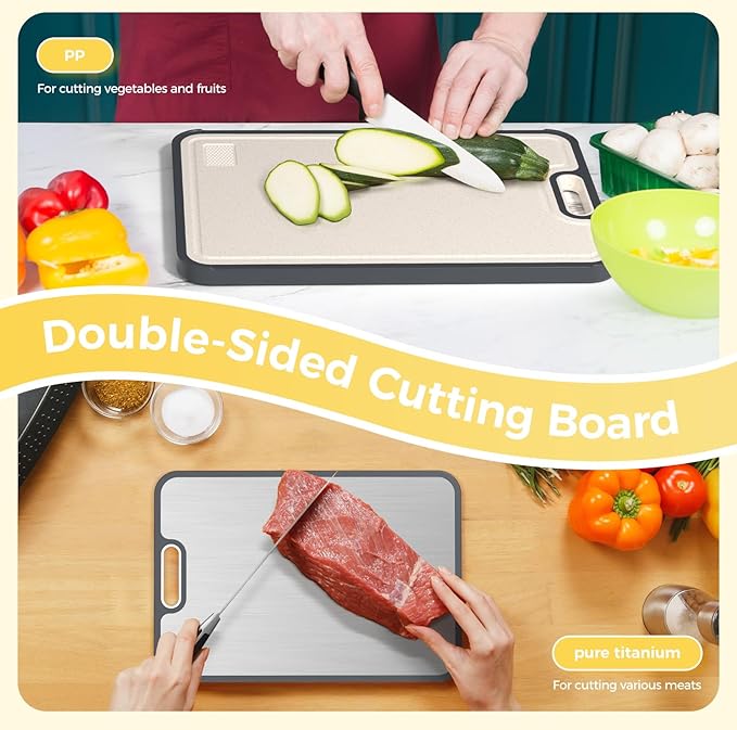 Titanium Cutting Board for Kitchen, Cutting Board Double Sided Food Grade, Pure Titanium/PP, Easy to Clean Large Size 15"×10.3"