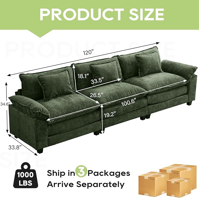 Oprisen 120" Modular Sectional Sofa, Comfy Cloud Couch Sectional, Chenille Sofa Sleeper Deep Seat Sofa with Throw Pillows for Living Room (Green, 120"- 3 Seater)