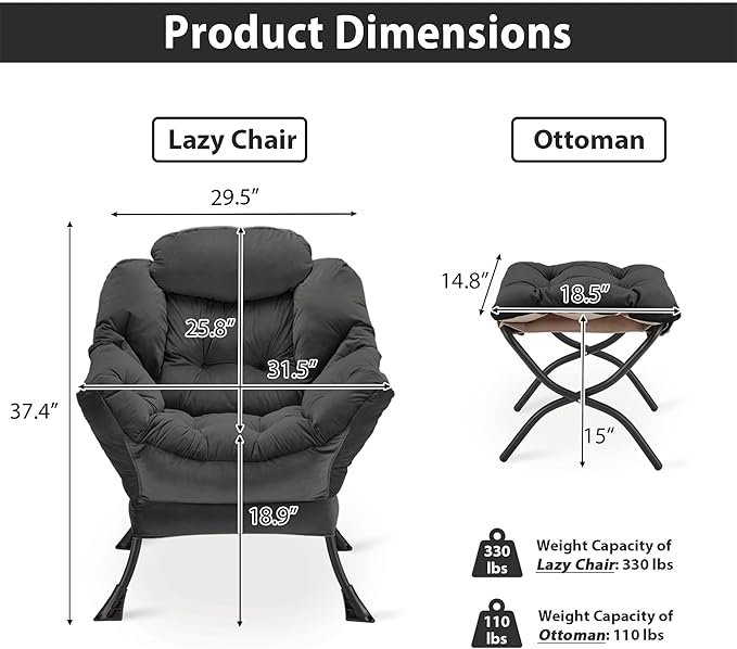 Youtanic Lazy Chair with Folding Ottoman, Accent Chair Velvet Upholstered with Metal Structure and Non-Slip Pads, Sofa Armchair with Footrest and Side Storage Bag for Dorm, Office, Charcoal