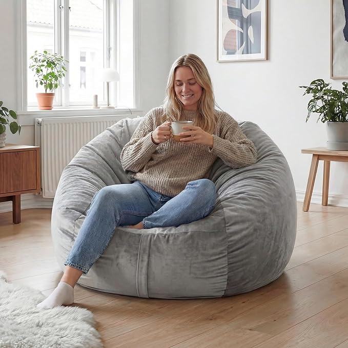 YuppieLife Large Foam Filled Bean Bag Chairs for Kids Teenagers Adults Living Room Gaming Relaxing 4F Machine Washable Lazy Sofa（Silver Grey
