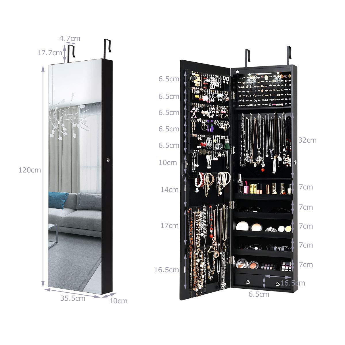 OFFICEJOY Wall/Door Mounted Jewelry Armoire w/Full-Length Mirror & LED Lights, Lockable Jewelry Armoire Mirror Organizer, Jewel Storage Hanging Cabinet w/Scarf Rod, 36 Hooks, 1 Makeup Pouch (Black)