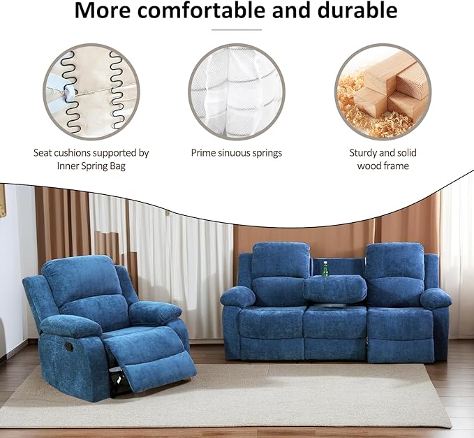 A Ainehome Living Room Furniture Set Blue Microfiber Recliner Sofa Set Loveseat Chair Furniture Sofa Set for Living Room/Rv/House/Office/Theater Seating (A-Blue Microfiber, Sofa+Chair)