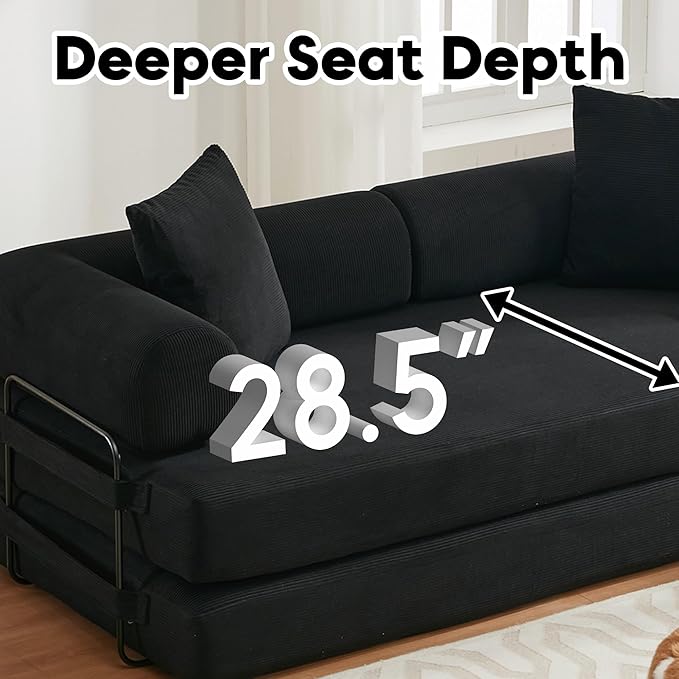 ZEIINPA Convertible Sleeper Sofa Bed with Cylindrical Pillow, Corduroy Folding Mattress Couch with Fixed-Shape Frame, Floor Sofa Lounge Couch for Living Room Bedroom Lounge Studio-Black