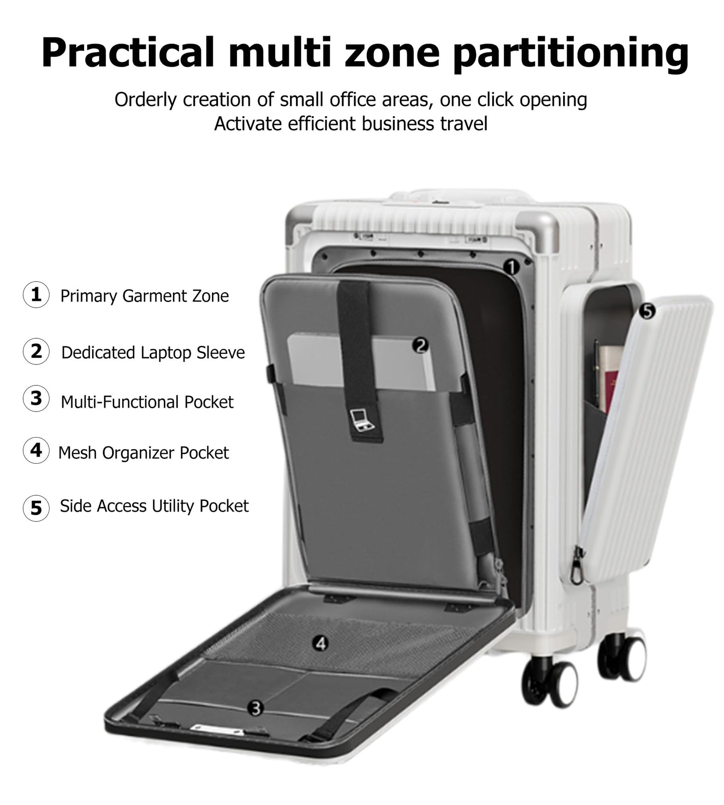 feilario 20in Aluminum Frame PC Carry On Luggage Tri-Zone Access Hard Shell Brake Wheels Suitcase with Cup Holder, Phone Holder, TSA Approved Lock (White, 20.8")