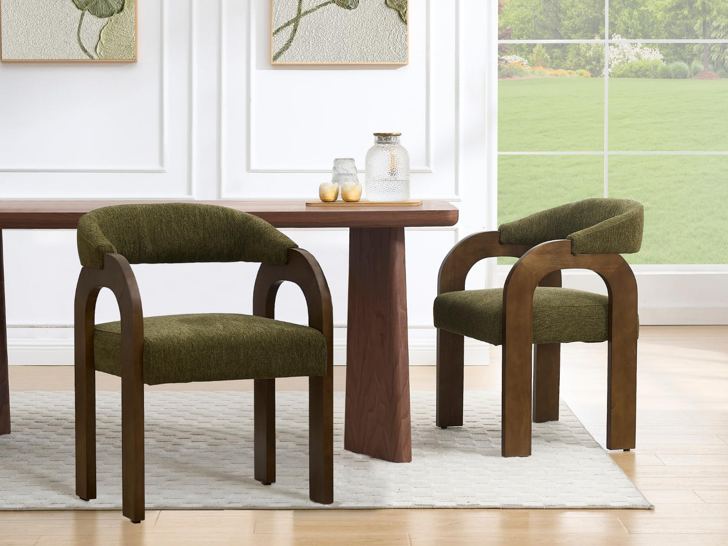 DAYALANE Farmhouse Dining Chairs Set of 2 - Upholstered Armchairs with Chenille Cushions & Curved Wooden Arms, Barrel Wood Kitchen Chairs for Dining Room/Cafe/Kitchen Island (Sage Green)