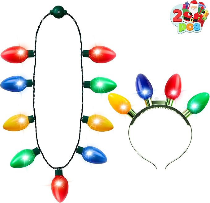 JOYIN 6 Pcs Christmas Light Up Headband and Necklace with 6 Flashing Modes, LED Christmas Bulb Lights Necklace Headband fo...