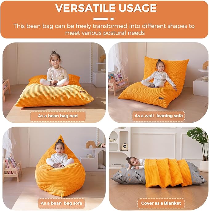 MAXYOYO 3 in 1 Kids Bean Bag Chair Bed, Convertible Chair Folds from Bean Bag to Lounger, Child Floor Sofa for Gaming, Reading, Floor Mattress with High-Density Foam Filling