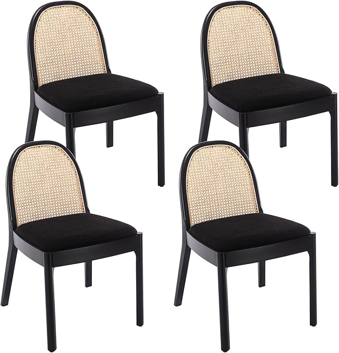 DUOMAY Mid-Century Modern Rattan Dining Chairs Set of 4, Wooden Dining Room Chair with Cane Backrest and Padded Seat, Black Sherpa Upholstered Dining Chair, Black Finish