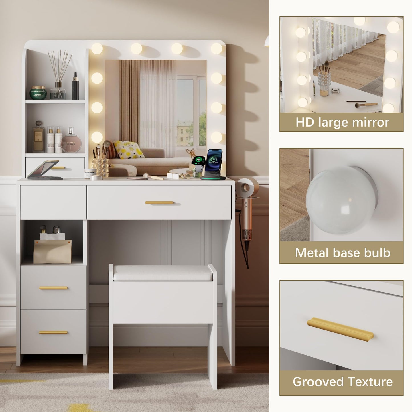 Furnivado Vanity Desk with Mirror and Lights, 3 Adjustable Lighting Makeup Vanity Desk with 3 Storage Shelves, 5 Large Drawers and Power Outlet, Vanity with Chair for Bedroom, White