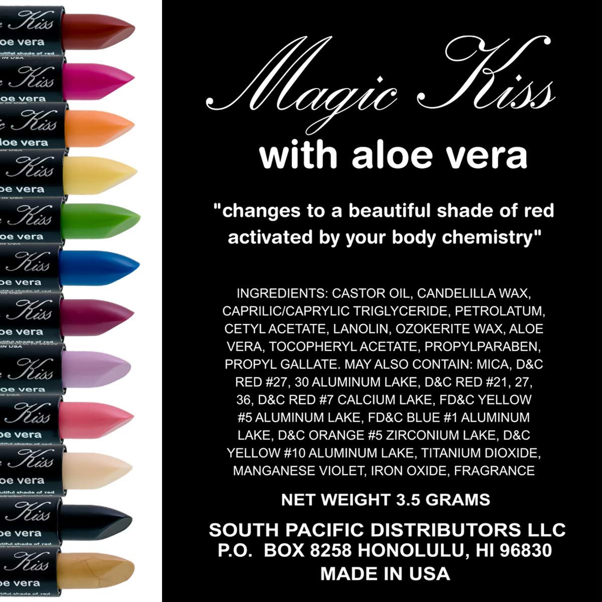 Magic Kiss Pack of 12 Color Changing Aloe Vera Lipstick set, MADE IN USA (Black)