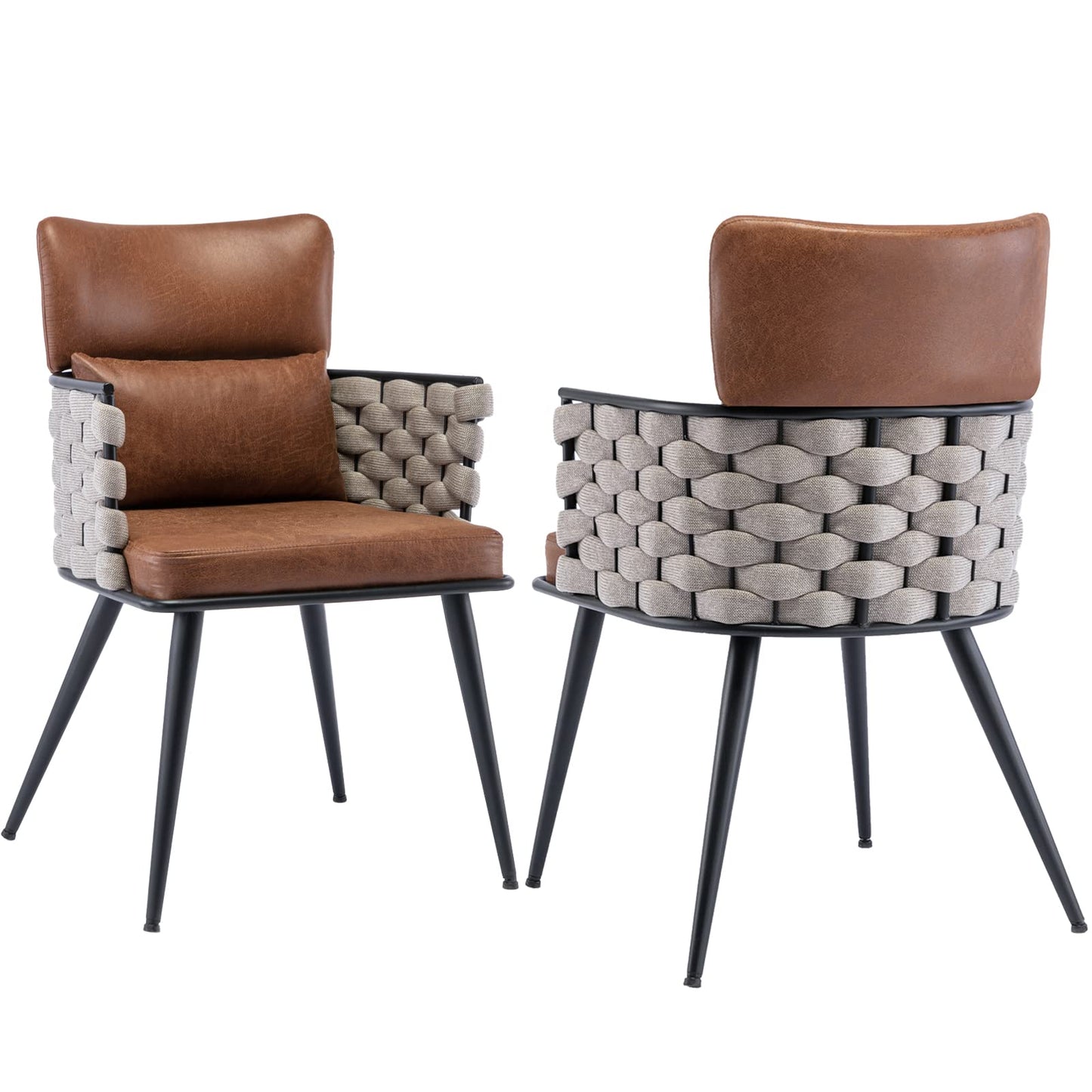 BFZ Dining Chairs Set of 2, Mid-Century Modern Dining Chairs with Metal Legs, Faux Leather Woven Kitchen Chairs for Kitchen, Living Room