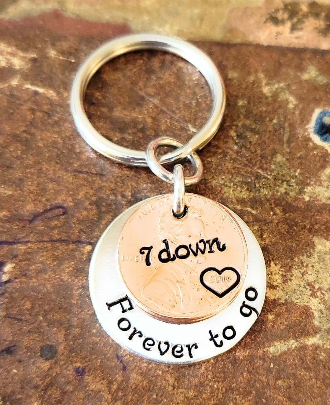 7 Year Anniversary, 7th Anniversary Gift, Lucky 2018 Copper Penny Down Forever To Go Coin Key Chain, Copper Anniversary Gift
