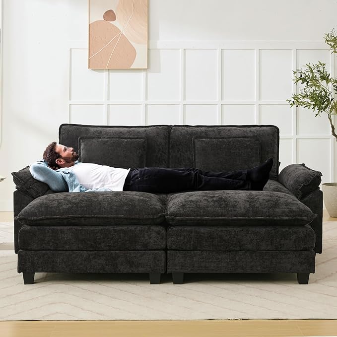 Oprisen 86" Modular Sectional Sofa, Comfy Cloud Couch Sectional Sofa with Ottoman, Chenille Sofa Sleeper Deep Seat Sofa with Throw Pillows for Living Room (Black)