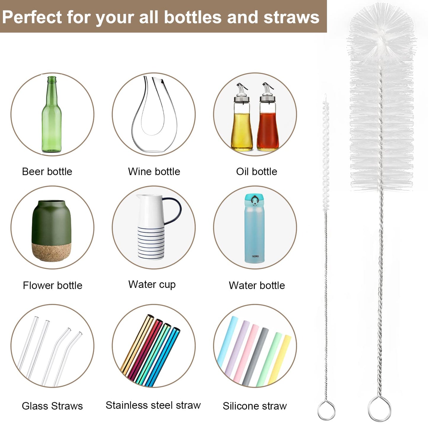 Yolaist 8 Pcs Bottle and Straw Cleaner, Long Deep Nylon Brush with Bendable Stainless Steel Flexible Handles for Bottles, Straws, Pipes, Wine Decanter, Sinks and Cup Cover