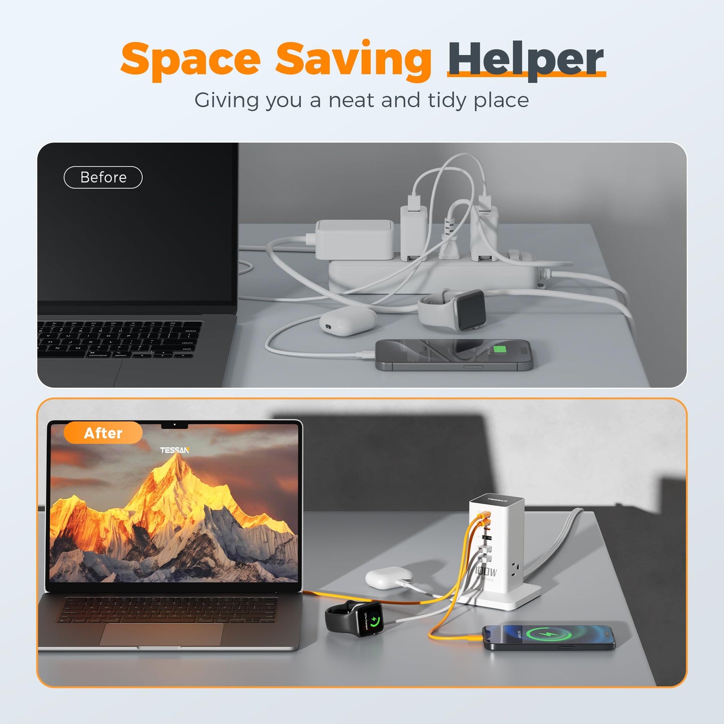 Charging Station PD 100W, TESSAN 9-in-1 USB C Power Strip for iPhone 16/15, MacBook, Tablet, Desktop Phone Fast Charger with 3 AC, 3 USB-A Ports, Home Drom Office Accessories, White