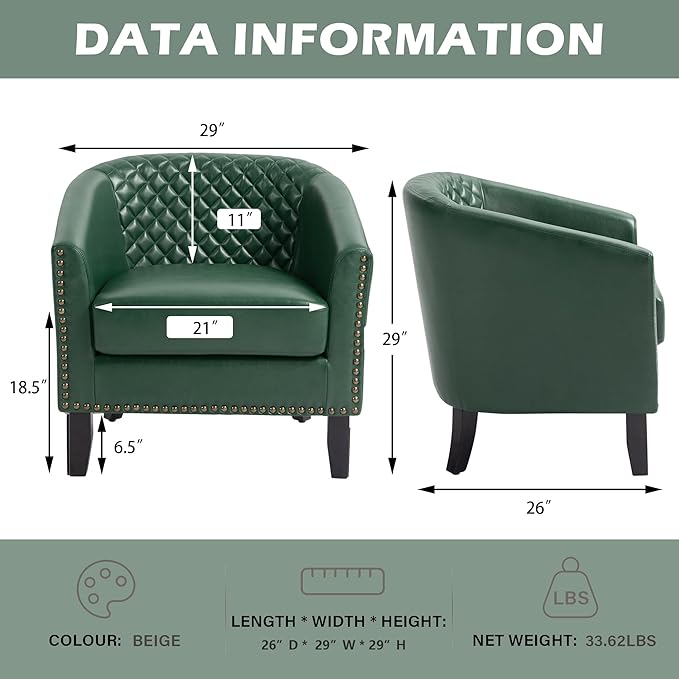 UIXE Faux Leather Barrel Accent Chairs Set of 6, Modern Club Upholstered Arm Chair, Comfy Armchair Nailed Trim Living Room Single Sofa Reading Seat Bedroom Side Sitting for Office, Green