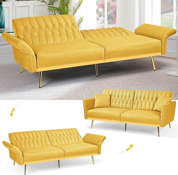 ACMEASE 70” Velvet Futon Sofa Bed w/Adjustable Armrests & 2 Pillows, Convertible Futon Couch w/Adjustable Backrests, Modern Sleeper Bed for Living Room, Bedroom, Yellow