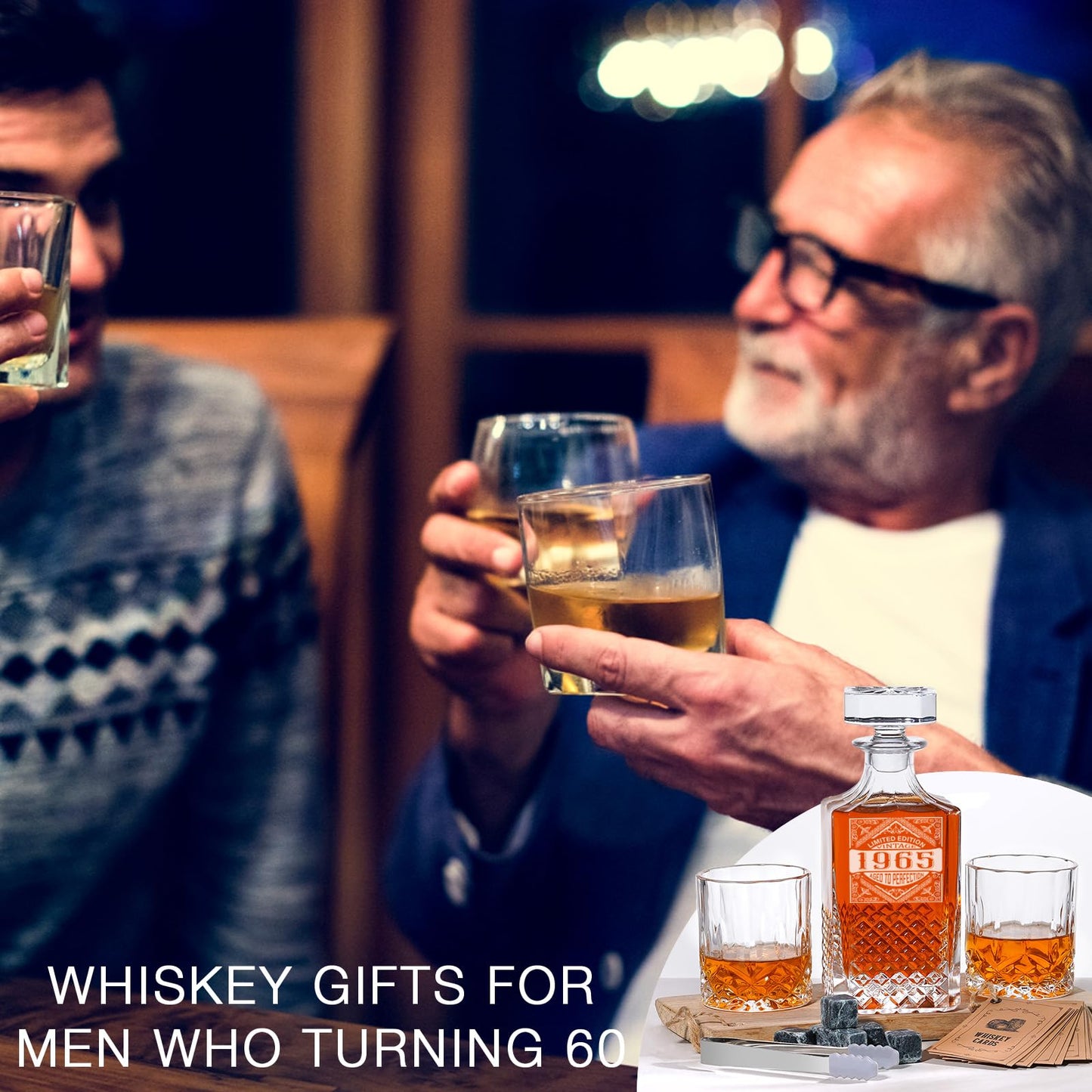 PONPUR 1965 60th Birthday Gifts For Men Dad, 1965 Laser Whiskey Decanter Set with Gift Box, Anniversary Bday Gift Ideas for Him Husband, 60 Years Decorations, Whiskey Glasses & Whisky Stones Inc.
