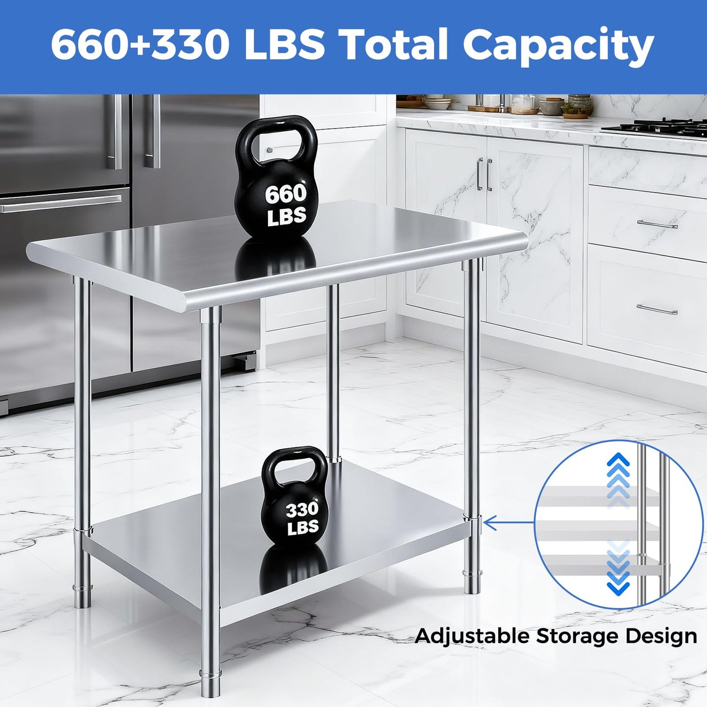 OSTBA Stainless Steel Table for Prep & Work 24x24 Inches, NSF Metal Commercial Heavy Duty Table with Adjustable Undershelf and Adjustable Foot for Restaurant Kitchen Home and Hotel