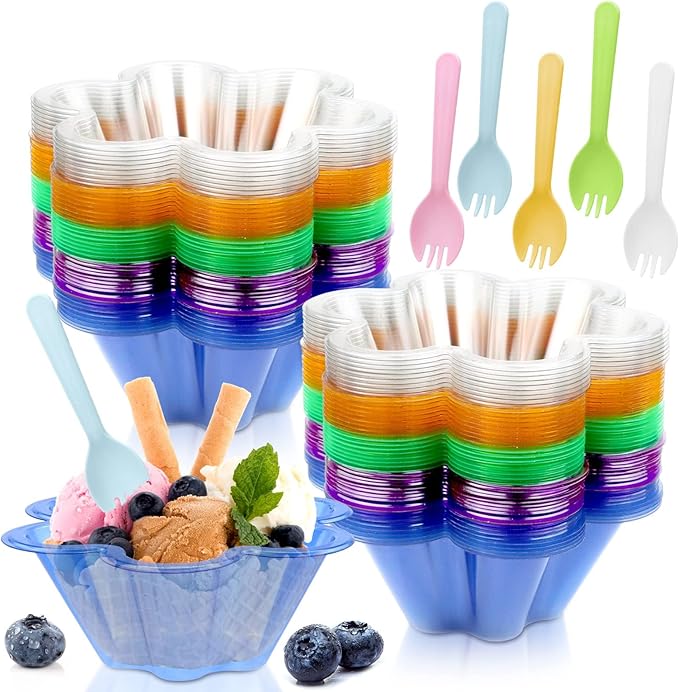 Vmiapxo 100 sets 8 oz Disposable Ice Cream Bowls and Spoons, Flower Shape Plastic Sundae Cups, Ice Cream Bar Supplies, Col...