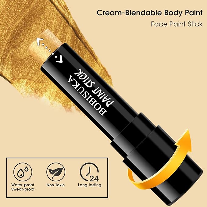 BOBISUKA Gold Face Paint Stick, Oil-Based Body Paint Stick for Halloween SFX Cosplay Costume Parties, Long-Lasting Metallic Color for Goddess Statue Looks