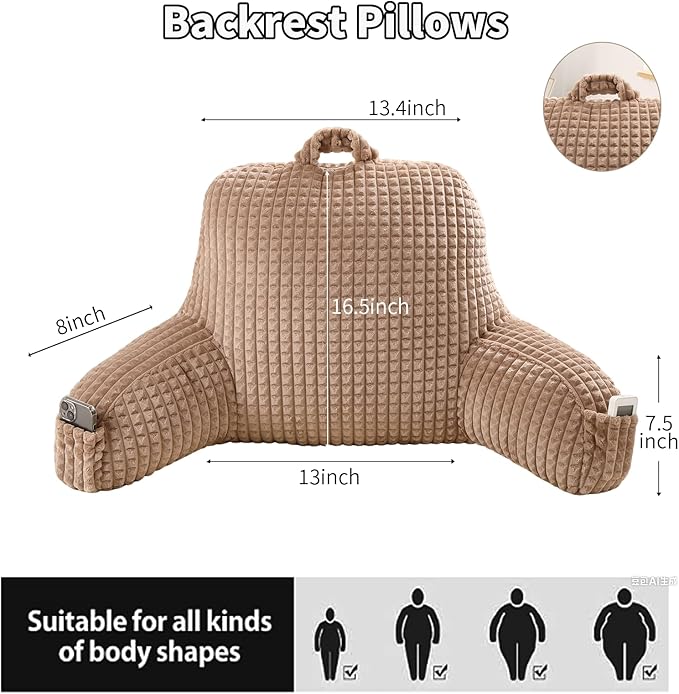 PAJEO Reading Pillow for Sitting in Bed, Large Backrest Reading Pillow with Arm Rest,Back-Rest Support Cushion for Sit Up on Couch, Sofa, and Floor, Dorm Essentials (Khaki Flannel, Standard(17inch))