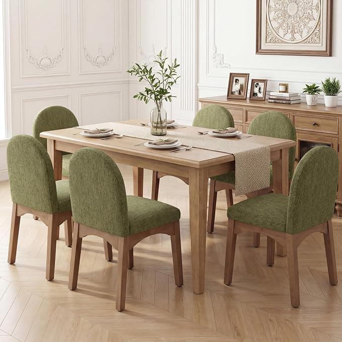 DUOMAY Modern Dining Chairs Set of 6, Mid Century Chenille Upholstered Dining Room Chairs Kitchen Chairs with Solid Rubberwood Legs, Armless Accent Side Chairs, Green