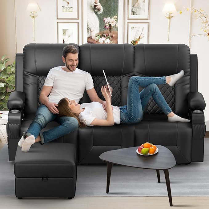 FURNIMAT Recliner Sofa with Storage Ottoman, 3 Seats Dual Reclining Sofa, PU Leather Loveseat Couch, Modern Recliner Chair for Living Room, with Cup Holder and 2 Cell Phone Holder, USB Ports