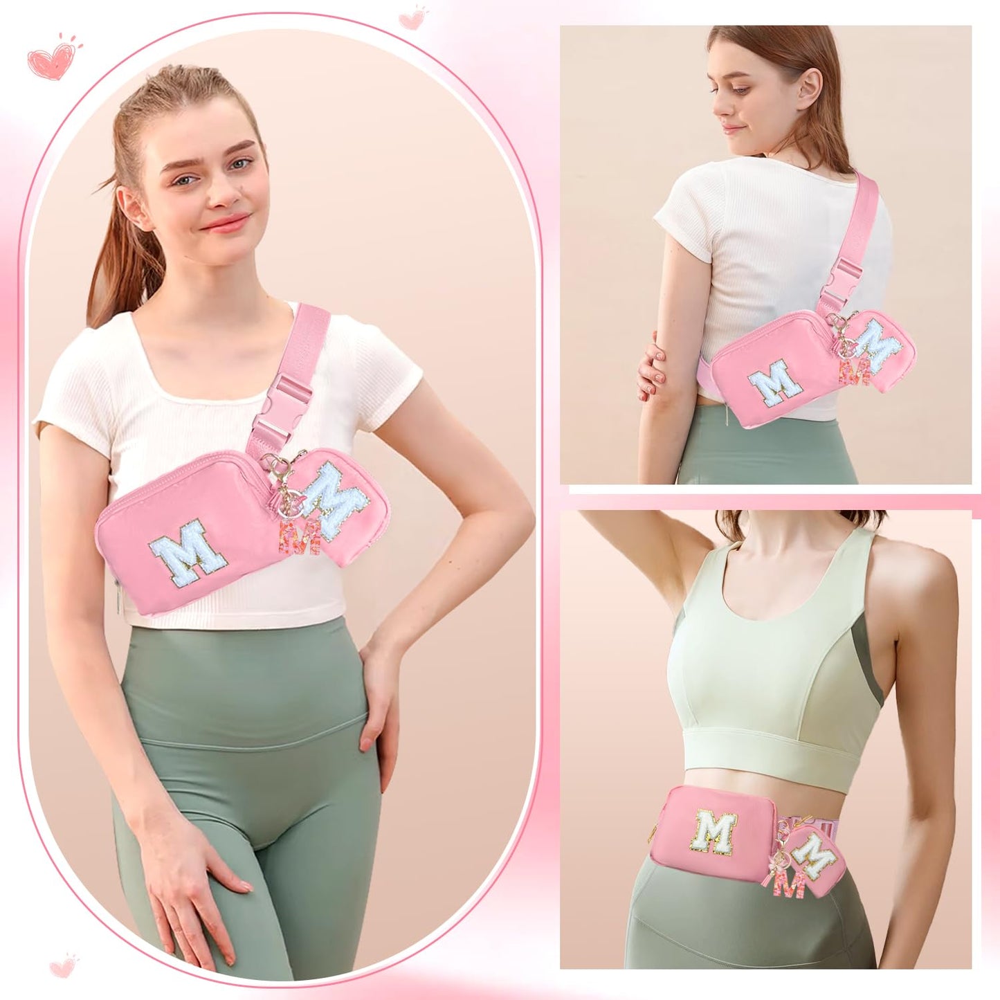 Personalized Fashion Waist Pack Wallet and Keychain, Initial Belt Bag Purse and Pendant, Fanny Cross Body Bag, Birthday Gifts, Fancy Trendy Stuff for Girl Mom Women Daughter Sister Friends(Pink A)