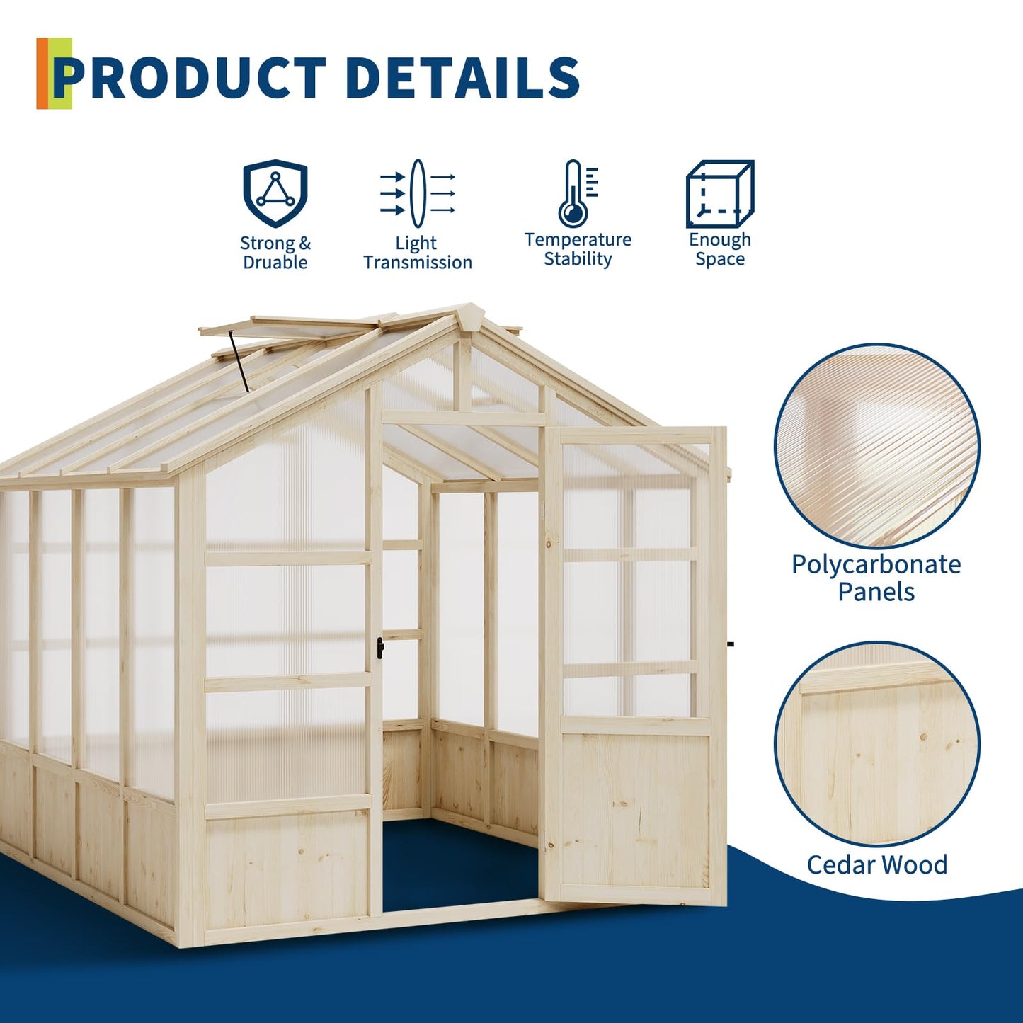 8x8FT Greenhouses for Outdoors, Wooden Greenhouse with Lockable Door, Wood Frame & Adjustable Vent, Polycarbonate Panel Heavy Duty Greenhouse for Outside, Garden, Yard, Light Brown