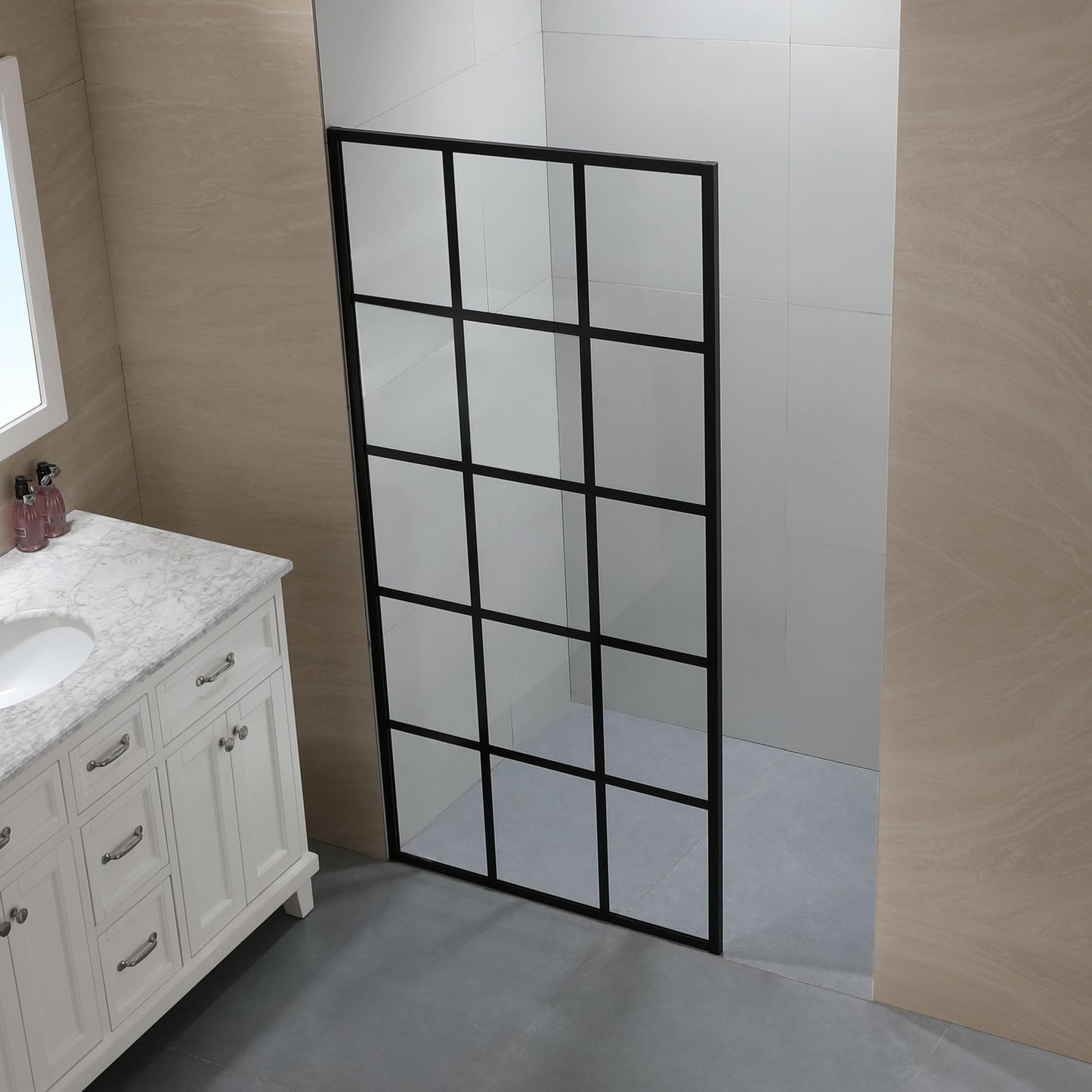 FELYL Black Grid Shower Glass Panel 34" W x 72" H, Matte Black, Framed Fixed Glass Panel, 5/16" (8mm) SGCC Tempered Glass, Reversible Installation