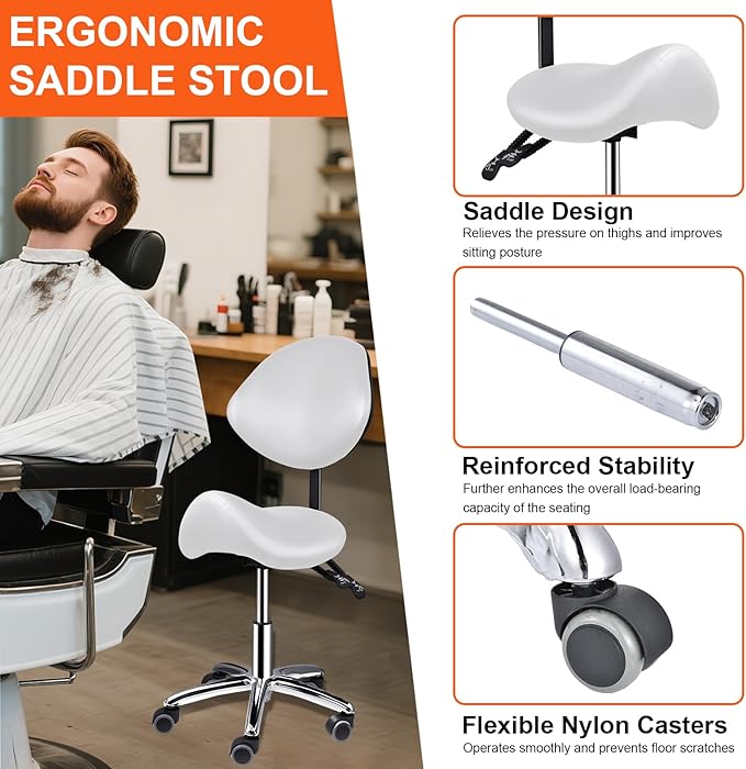Saddle Stool with Back Support, 400lbs Adjustable Salon with Wheels, Heavy Duty Rolling Ergonomic Rolling Esthetician Seat for Home Office Salon Shop Dentist Clinic, for People 5 ft to5.8 ft Tall