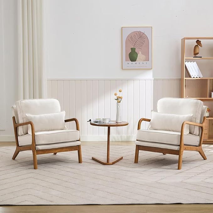 SEYNAR Mid-Century Accent Chair,Linen Fabric Lounge Chair with Wide Armrest,13-16.5'' Low Seat Height Armchair with Lumbar Pillow & Solid Wood Frame for Living Room, Bedroom, Balcony(Beige)