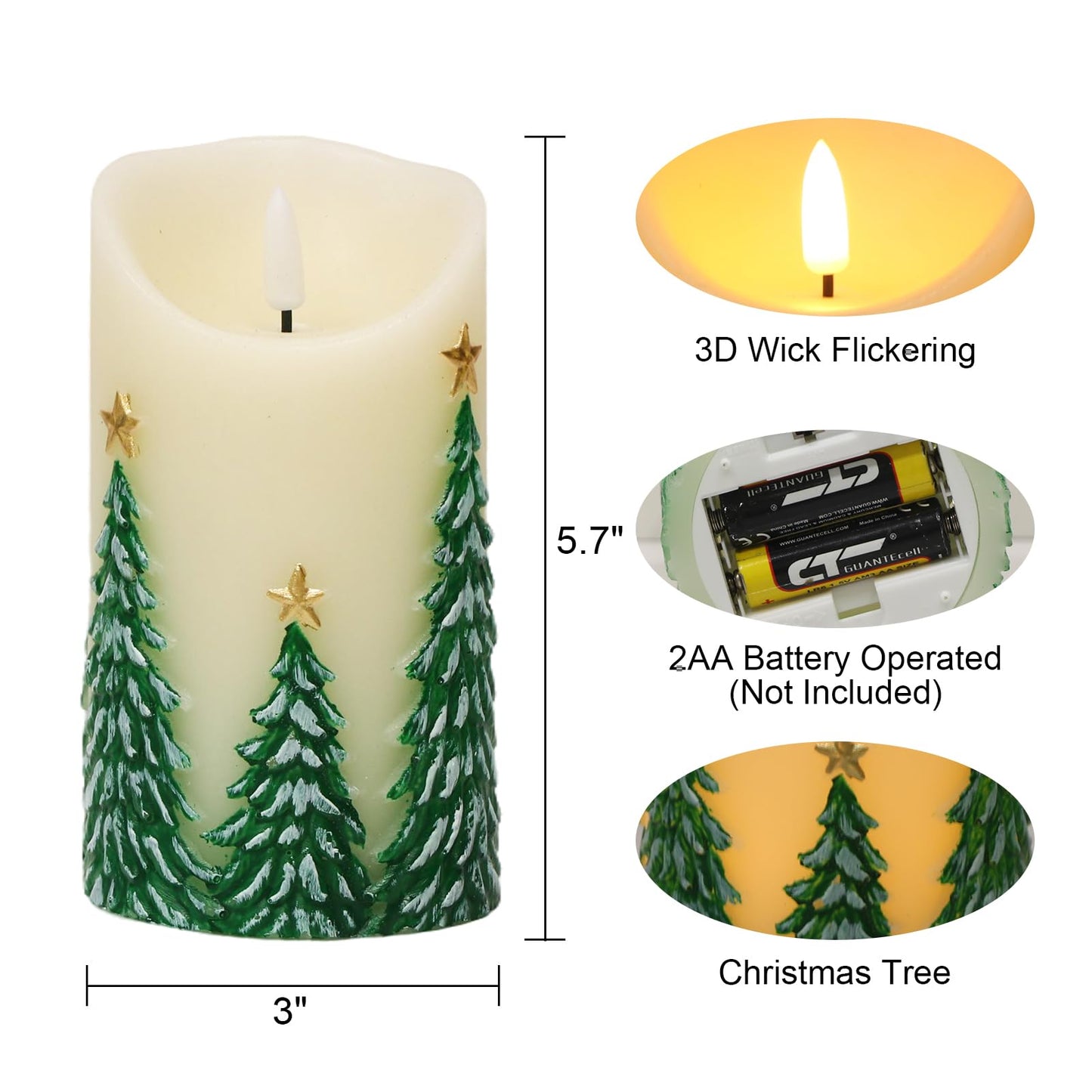 Wondise Christmas Flameless Candles with Timer, Battery Operated Flickering 3D Wick Real Wax Christmas Tree Candles for Christmas Holiday Indoor Decoration, Set of 2, Ivory(D3 x H5.7 Inch)