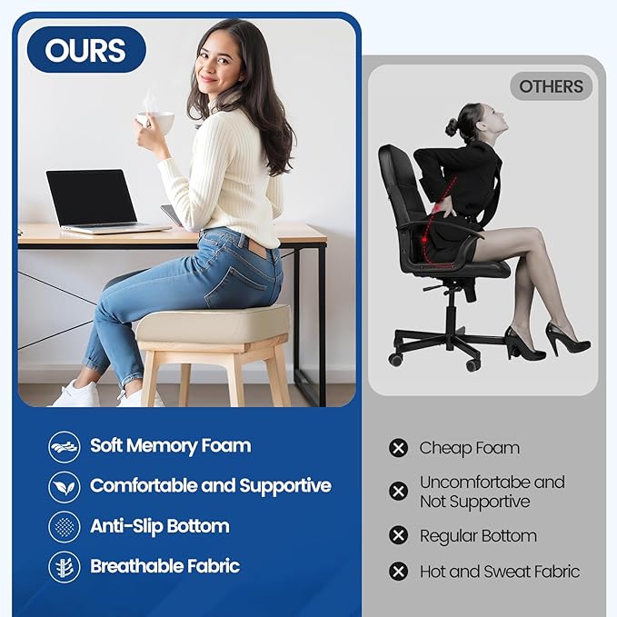 SweetSlubr Seat Cushion for Tailbone Pain Relief, Office Chair Cushion, Memory Foam Large Chair Cushion with Non-Slip Cover for Soft Support at Office Chair, Car Seat, Airplane Beige/X-Large