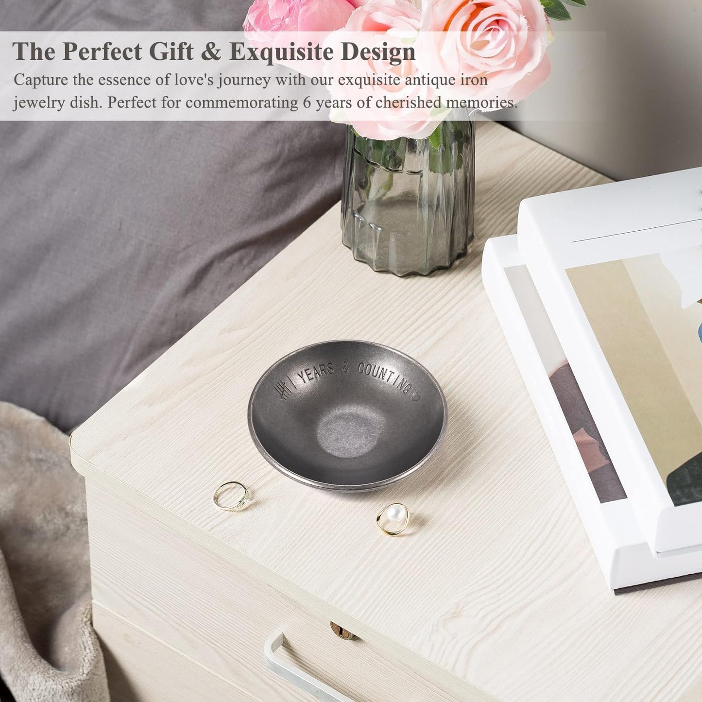 Urllinz Iron Gifts for 6th Anniversary for Him Her - 6 Year Anniverdary Jewelry Tray Decor for Couples Wife, Iron Ring Holder Dish&Gift Box, 4"