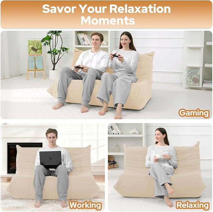 HABUTWAY Bean Bag Chairs Fireside Lazy Floor Sofa, Soft Teddy Fleece 2 Seater Sofa with High-Resilience Foam Filling，Beanbag for Living Room, Bedroom, Office (Khaki Teddy)