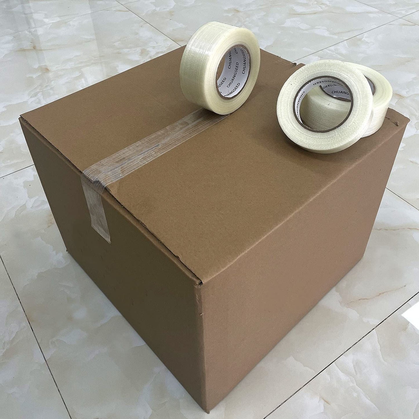 CHUANGSEED 3Pack Mono Filament Strapping Tape 6.2mil x 1Inch x 60yds Commodity Grade Heavy Duty Transparent Reinforced Fiberglass Tape