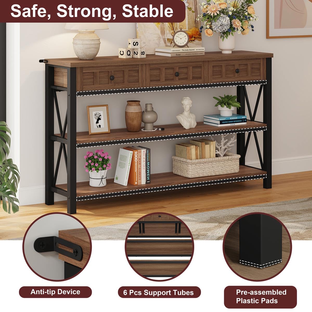 FATORRI Console Table for Entryway, Farmhouse Sofa Table with 3 Drawers for Living Room, Wood and Metal Hallway Tables with Storage and Couch Tables Behind Sofa (54.72 Inch Long, Medium Walnut)