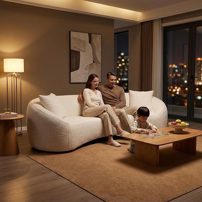 mr.waiba 93.31" Curved Sofa Couch, Oversized 3-Seater Luxury Boucle Cloud Couch with 2 Pillows,Solid Wood Frame Modern Sofas for Living Room,Apartment,Small Space,Office,No Assembly Required (White)