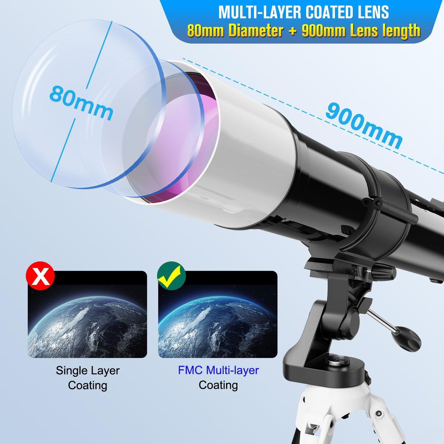FlyGala Telescope for Adults High Powered Astronomical,80mm Aperture 900mm Professional Refractor Telescopes for Astronomy Beginners 36-270X FMC with AZ Mount Tripod,Carrying Bag,Phone Adapter