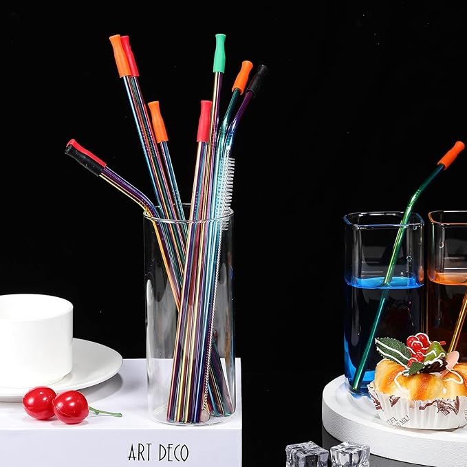 Alipis 16Pcs Stainless Steel Straws with Silicone Tips and Cleaning Brush Reusable Smoothie and Cocktail Drinking Straws with Portable Storage Bag Food-grade for Cold Hot Drinks