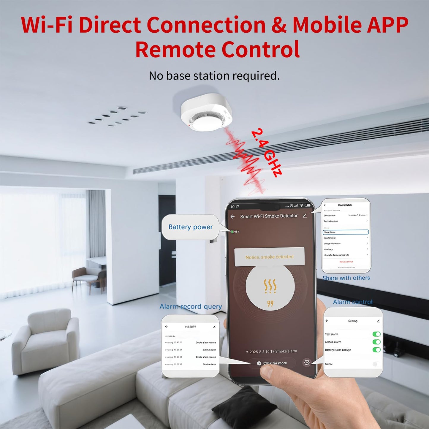 WARROXIDE WiFi Smoke Detectors for Home,Photoelectric Wireless Fire Alarms Replaceable Battery Powered,Portable Smoke Alarm with Test/Mute Button,Attic Smoke Detector,1 PCS(Battery Not Included)