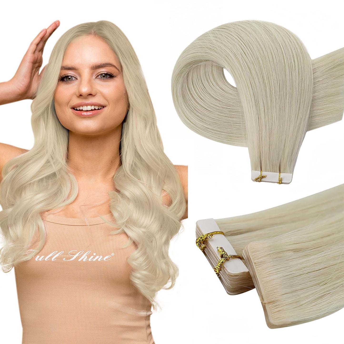 Full Shine Seamless Injected Tape in Hair Extensions 24 Inch Invisible Machine Remy Tape in Virgin Hair Extensions Color Blonde