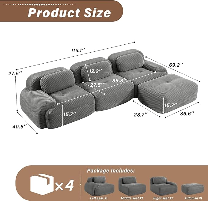 SoarFlash 117" Modern L-Shaped Modular Sectional Sofa for Living Room, Corduroy Upholstery Oversized 3-Seater Couch with Deep Seat and Movable Ottoman-No Assembly, Grey