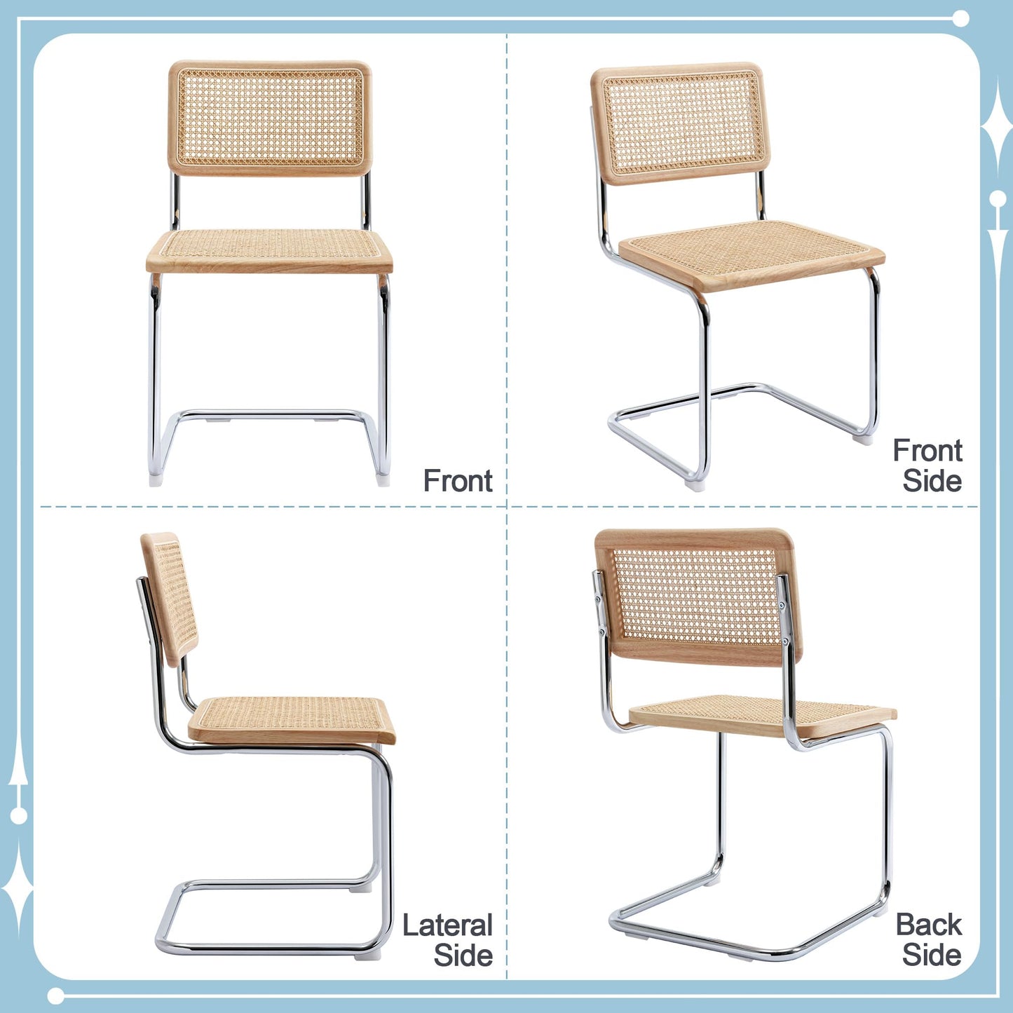 Flouki Rattan Dining Chairs Set of 4, Boho Accent Chairs for Kitchen Room with Natural Cane Mesh, Mid Century Cantilever Design, Undyed Solid Wood