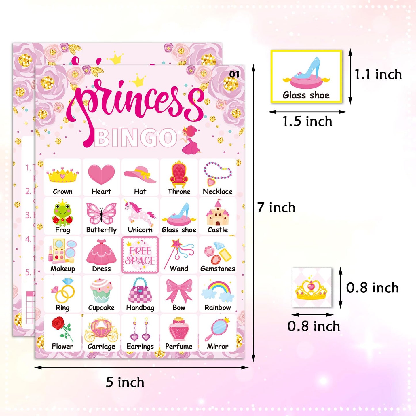 Omlisca Pink Princess Bingo Game 24 Players Bingo Games Cards for Tea Party Decorations Princess Birthday Family Holiday Party Supplies School Activities Bridal Shower Wedding Party Favors